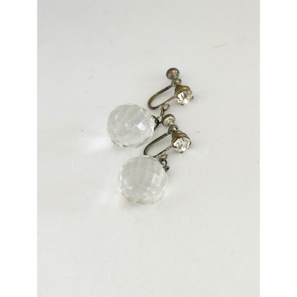 Vintage Art Deco Clear Faceted Crystal Orb Screw Back Dangle Earrings - Picture 4 of 4